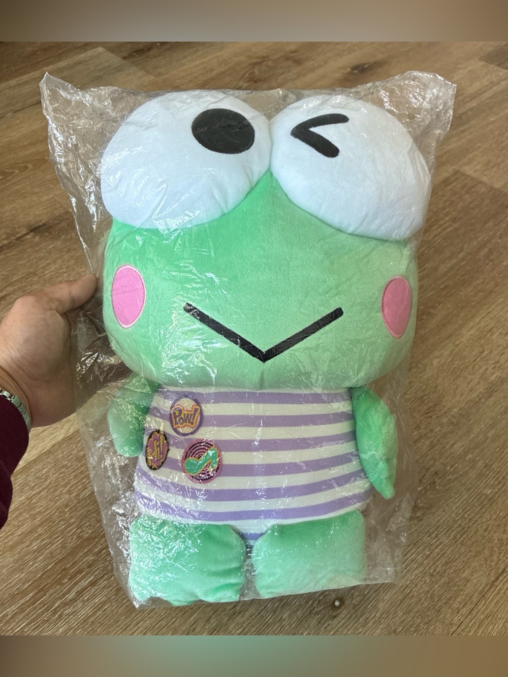Sanrio Keroppi Plush Stuffed Animal 14” Purple Striped Shirt Patches (New)